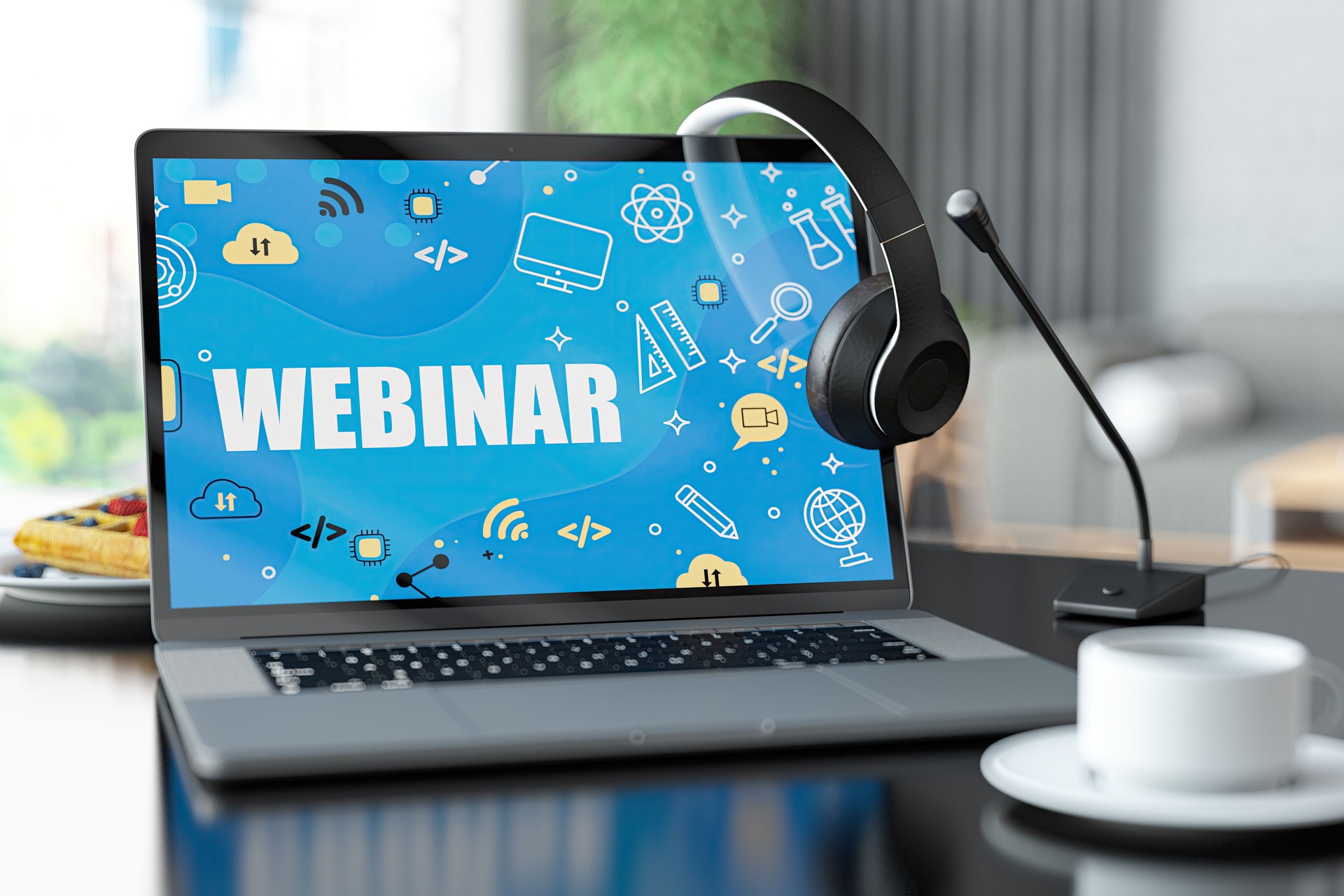 Laptop with Webinar Screen on Wooden